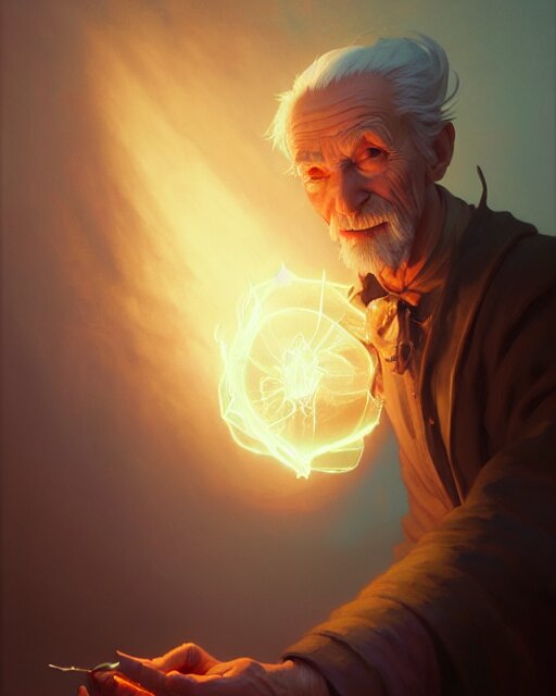 highly detailed vfx portrait of an old mage casting a light spell, unreal engine, greg rutkowski, loish, rhads, beeple, makoto shinkai and lois van baarle, ilya kuvshinov, rossdraws, tom bagshaw, alphonse mucha, global illumination, detailed and intricate environment 