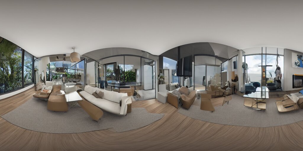 Equirectangular GoPro VR render of a modern living room, natural colors, ambient occlusion, national geographic, 8k uhd