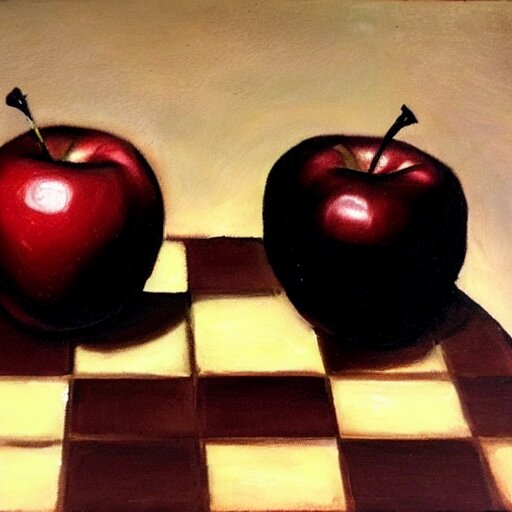 two apples playing chess, realistic oil paint 