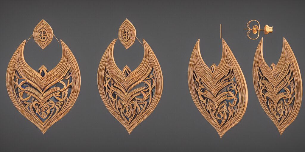 earring design, jewelry design, wood, nordic, art deco, intricate, elegant, material, product design, trending on artstation, cgsociety, photo realistic, design by ziva cph and isabel lennse and kalevala, 8 k, unreal engine, c 4 d 