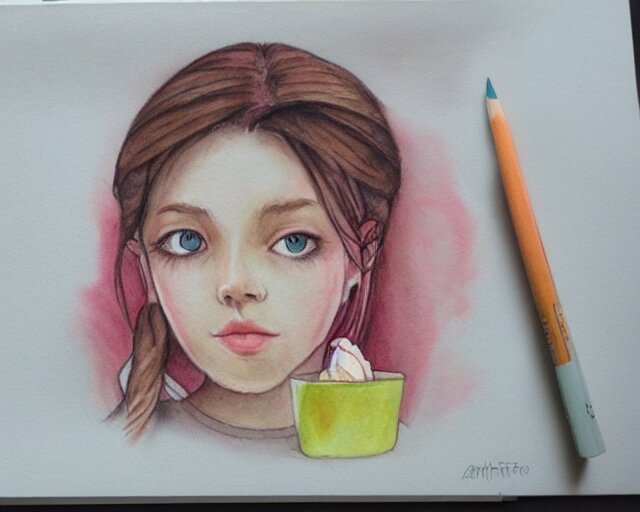 a girl with the ice cream watercolor colored pencil painting trending on artstation 