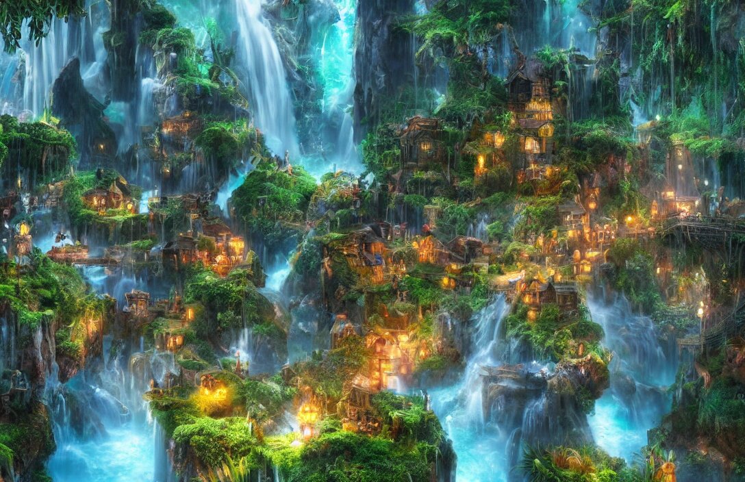 magical fantasy town, background : giant bioluminscent waterfall, quaint vibes, epic fantasy, ultra hd render + 4 k uhd + immense detail + very crisp and clear image 