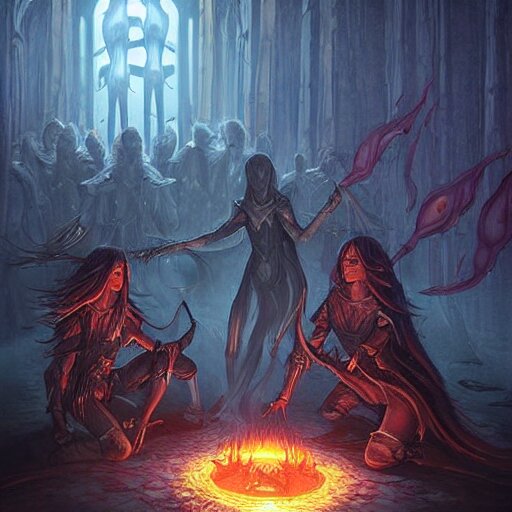 female acolytes using demonic summoning circle to summon a demonic knight. incredible detail. by magali villeneuve and by wlop 