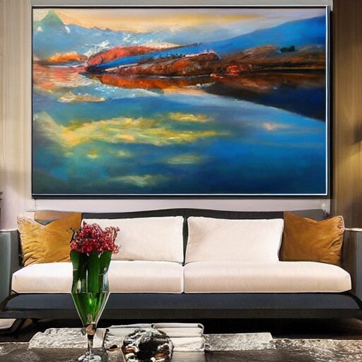 beautiful scenery, varnished painting, visible canvas, highly reflective, realistic reflections, realistic lighting, glossy, realistic 