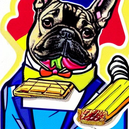 sticker art of a french bulldog in a suit eating a candy bar with a fork and knife at a fancy restaurant by ed roth 