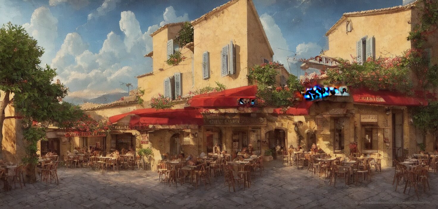 a traditional pizzeria in the street of a small village on the riviera. a terrace in the shade of a hundred - year - old olive, cinematic view, epic sky, detailed, concept art, low angle, high detail, warm lighting, volumetric, godrays, vivid, beautiful, trending on artstation, by jordan grimmer, huge scene, grass, art greg rutkowski 