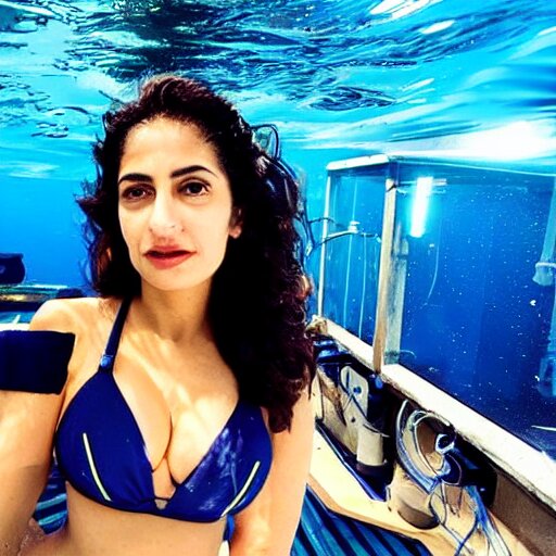 deep sea footage of salma hayak in a bikini by an rov, underwater photograph 