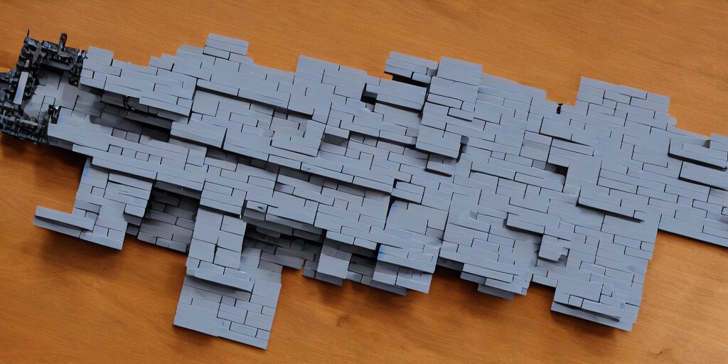 gigantic spaceship made with grey legobricks, flying in the galaxy 