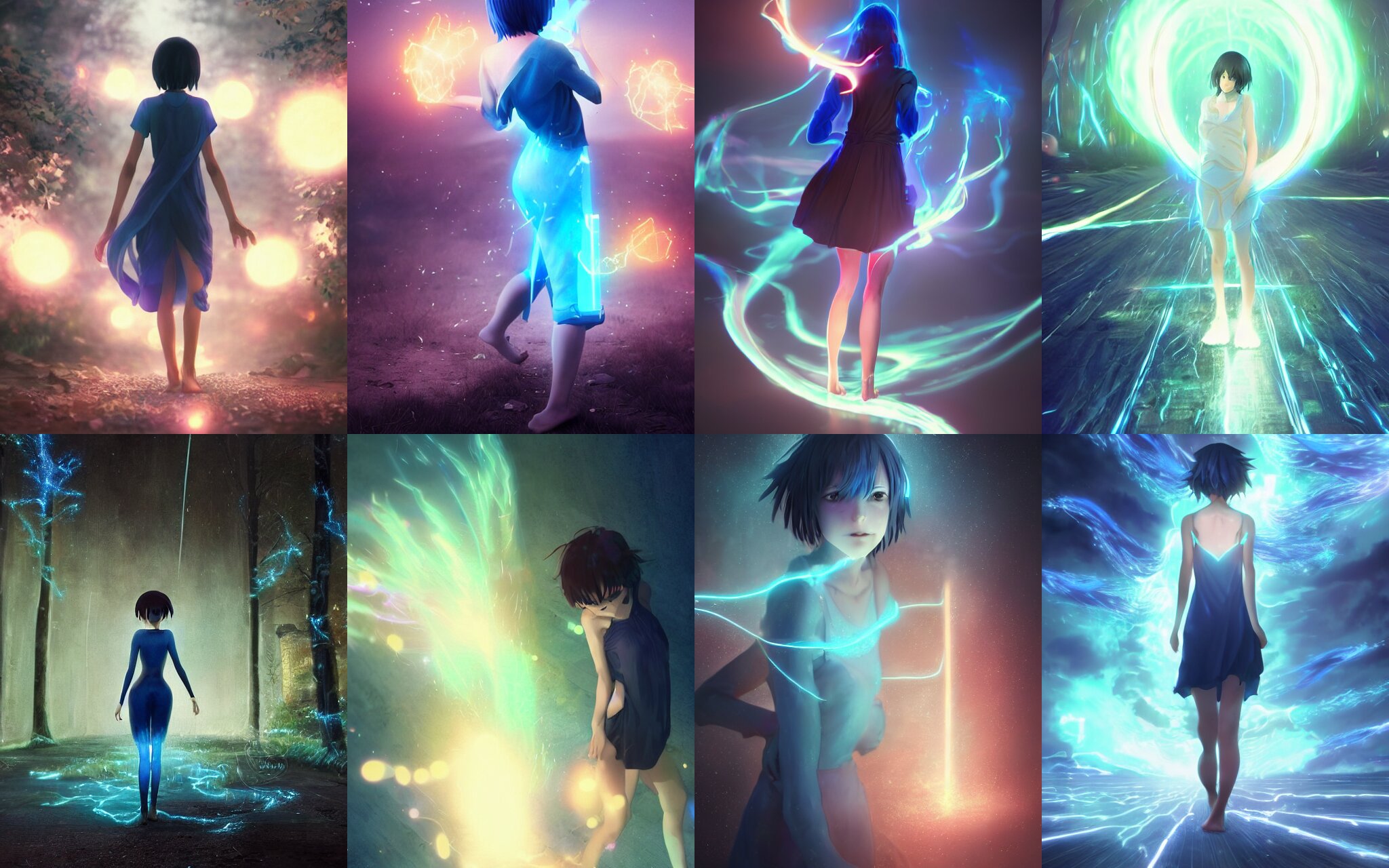 girl with a blue mystic light aura, short dark hair, bobcut, timid, pensive, slender beauty, walking forward, barefoot, keeping away demons, demons in background, blue glowing flowing energy, distant shot, full body shot, anime art by wlop and mobius, octane render 