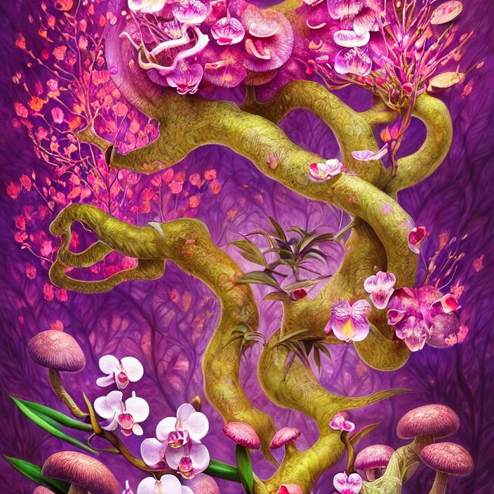 extremely psychedelic animal made of orchid and cherry blossom tree and mushroom, LSD, diffuse lighting, fantasy, intricate, elegant, highly detailed, lifelike, photorealistic, digital painting, artstation, illustration, concept art, smooth, sharp focus, art by John Collier and Albert Aublet and Krenz Cushart and Artem Demura and Alphonse Mucha