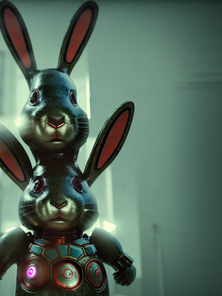 Lexica film still of a mechanical bunny in a marvel movie, science