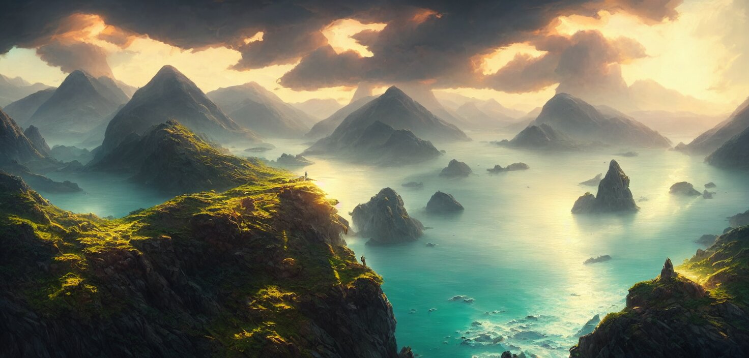 nature landscape, aerial view, drone photography, cinematic, mountains and ocean, cinematic view, epic sky, detailed, concept art, high detail, warm lighting, volumetric, godrays, vivid, beautiful, trending on artstation, by jordan grimmer, art greg rutkowski 