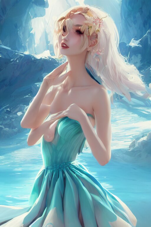 a beautiful fashion goddness of love, chic strapless dress, tropical sea background, character design, in the style of artgerm, and wlop, cinematic lighting, hyperdetailed, 8 k realistic, symmetrical, global illumination, radiant light, frostbite 3 engine, cryengine, dof, trending on artstation, digital art 