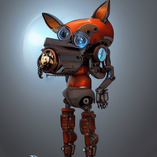 mechanical fox with robo tech, apocalyptic elements, art render, character concept, smooth, sharp detail, pixar style 