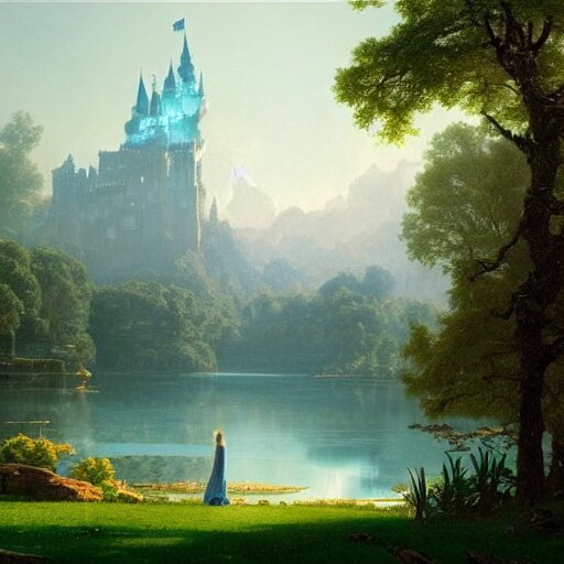 beautiful illustration of a big castle in a serene landscape and a beautiful lake, green grass and trees, blue sky, by albert bierstadt, highly detailed, crystal lighting, mystical, forest, hyperrealistic, 4 k, unreal engine, magical, by joe fenton, by greg rutkowski, by greg tocchini, by kaws, by kate beaton, by kaethe butcher 