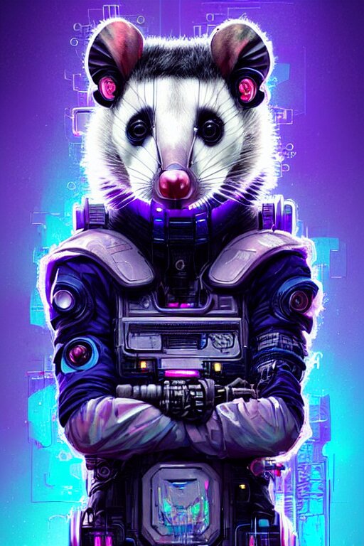 a beautiful portrait of a cute cyberpunk opossum by sandra chevrier and greg rutkowski and wlop, purple blue color scheme, high key lighting, volumetric light, digital art, highly detailed, fine detail, intricate, ornate, complex, octane render, unreal engine, photorealistic 