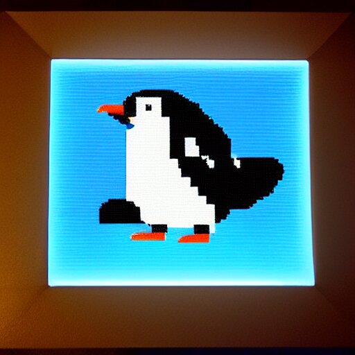 pixel art of a penguin climbing a mountain. backlit with blue light at midnight 