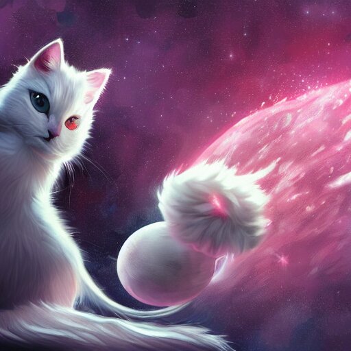 illustration of a white fluffy cat wizard casting a spell in space. 4k trending ArtStation highly detailed vibrant