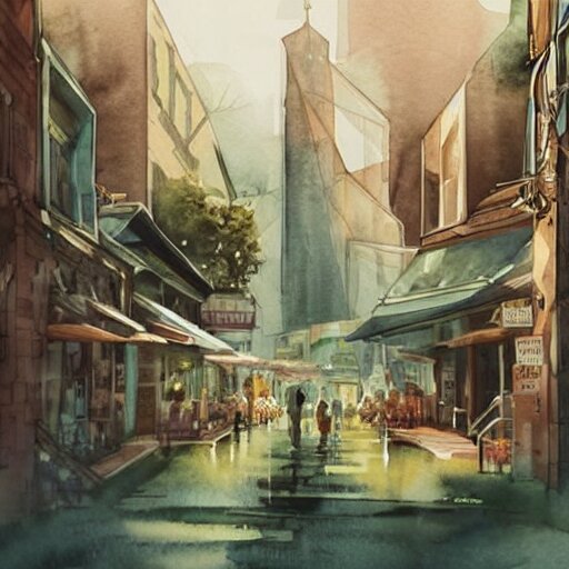 Beautiful picturesque charming futuristic city in harmony with nature. Nice colour scheme, soft warm colour. Beautiful detailed watercolor by Lurid. (2022)