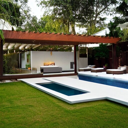 luxury elongated small backyard, all white, modern hut at the back, ceramic floor, small pool 