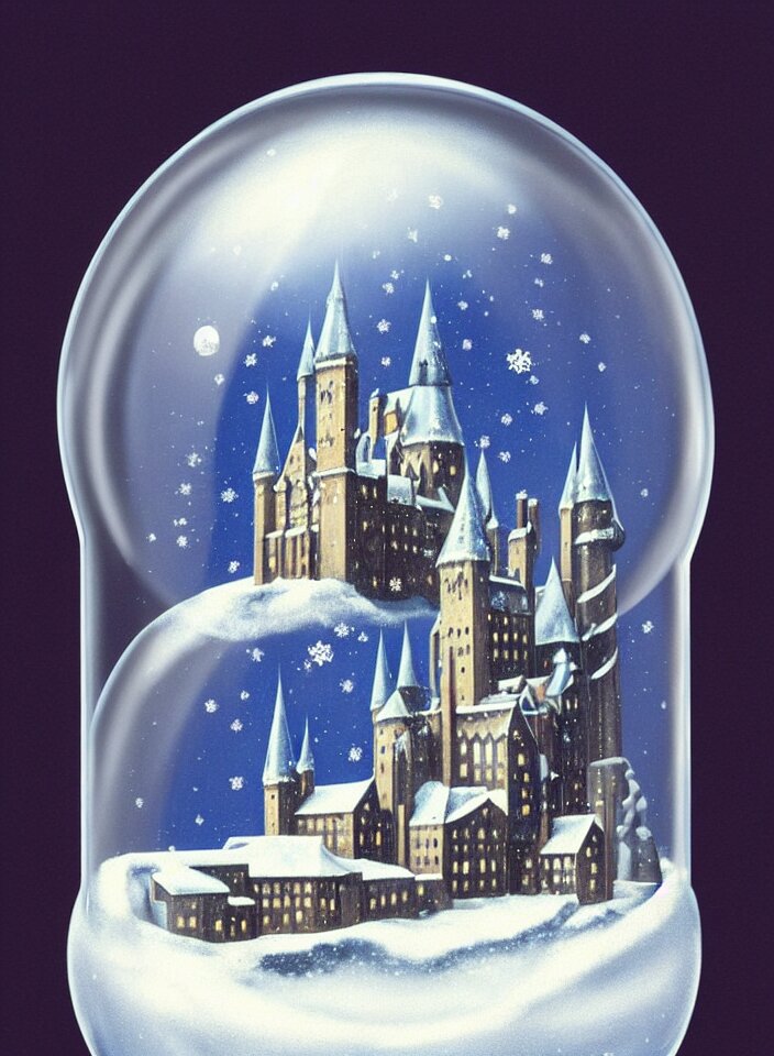 an achingly beautiful print of one snow globe with hogwarts inside by raphael, hopper, and rene magritte. detailed, proportional, romantic, vibrant, enchanting, trending on artstation 