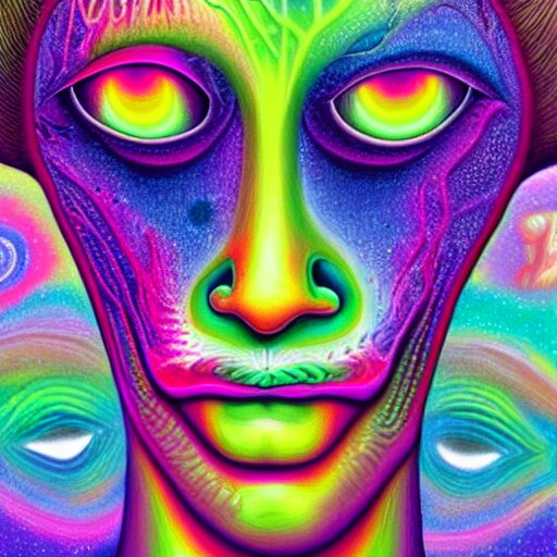 a digital painting close shot of an alien pondering into your soul, green trees in the background, alex grey, lisa frank, colorful, vibrant,