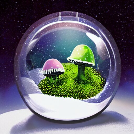 alien planet, lush with fluorescent mushrooms encapsulated in a snow globe, high detail, photorealistic 