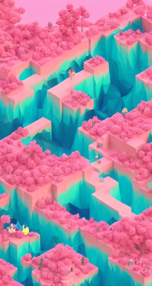 a cute little matte low poly isometric cherry blossom forest island, pink waterfalls, mist, lat lighting, soft shadows, trending on artstation, 3d render, monument valley, fez video game,