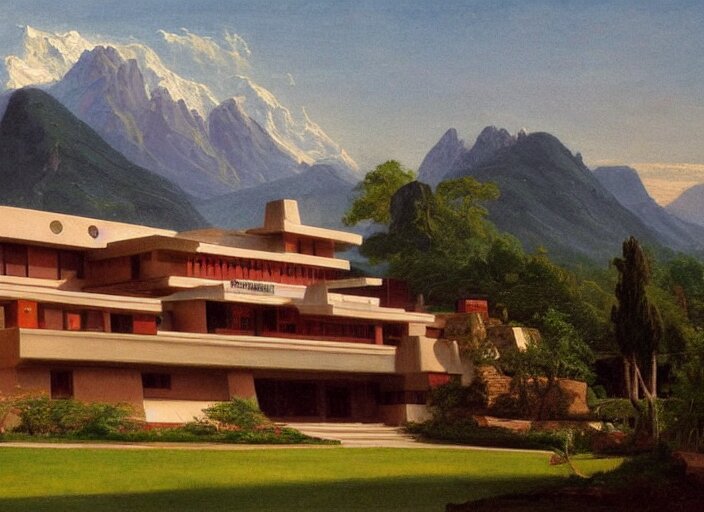 painting of a frank lloyd wright house in front of beautiful mountains by thomas cole 