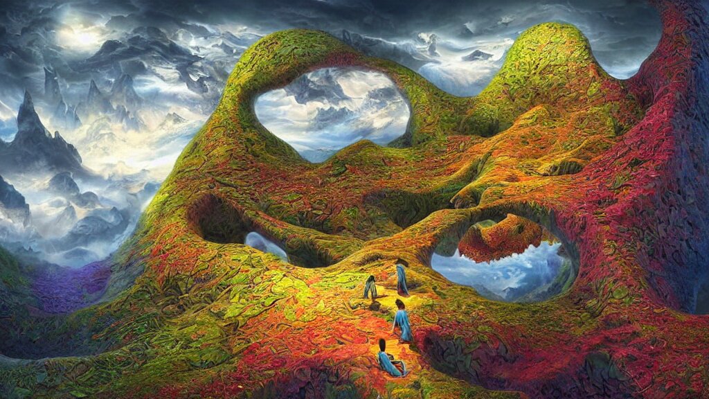 fantasy landscape with fractals in the styles of igor morski, jim warren, and m. c. escher, intricate, colorful, hyperrealistic, volumetric lighting 