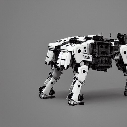 dog type mech made of white plastic art by jakub rozalski 