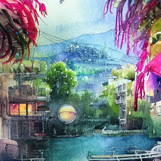 Beautiful happy picturesque charming sci-fi town in harmony with nature. Beautiful light. Water and plants. Nice colour scheme, soft warm colour. Beautiful detailed artistic watercolor by Vincent. (2022)