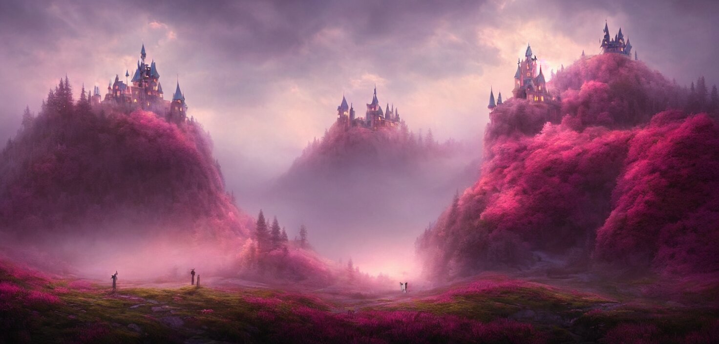 a fairytale castle on a hill in the forest pink fog envelops the castle landscape, cinematic view, epic sky, detailed, concept art, low angle, high detail, warm lighting, volumetric, godrays, vivid, beautiful, trending on artstation, by jordan grimmer, huge scene, grass, art greg rutkowski 