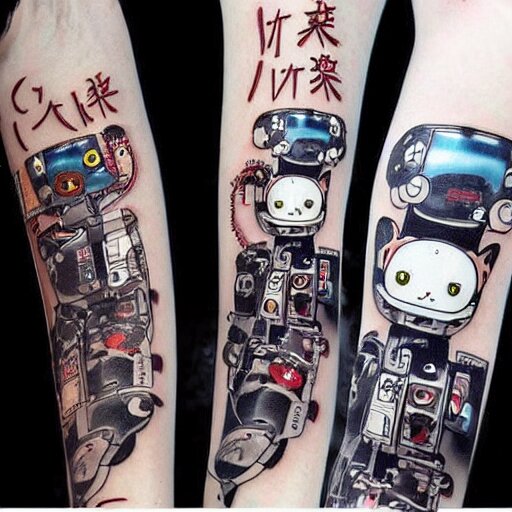 Anime manga robot!! cat tattoo, cyborg cat, exposed wires and gears, fully robotic!! cat, manga!! in the style of Junji Ito, Hayao Miyazaki and Naoko Takeuchi, cute!! chibi!!! cat, tattoo on upper arm, arm tattoo