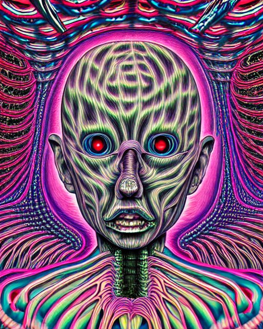 human body breaking away, conjuring psychedelic illustration, part by shintaro kago, part by alex gray, ultra realistic, highly detailed, 8 k, symmetry, fractals, grotesque, vibrant, 