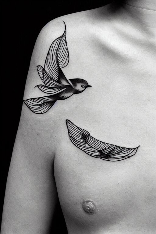 a beautiful tattoo design of minimalist swallows flying into spherical lines and simple basic shapes, black ink, abstract logo, line art 