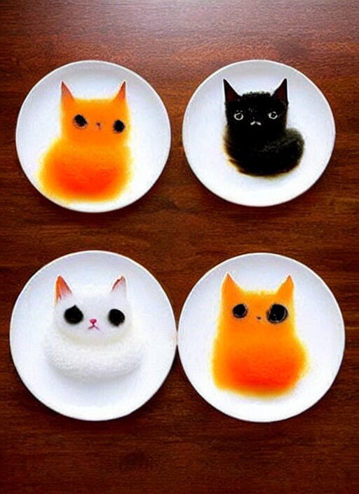 clear surrealist painting of adorable cats made from sushi rice, sitting on sushi plates with garnish 