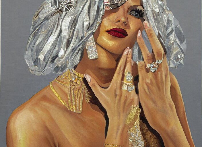 painting of a female wearing hundreds of gold and platinum rings, by alex petruk 