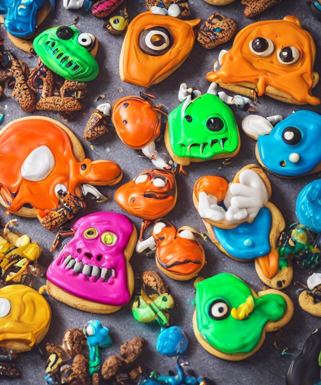 high quality presentation photo of colorful anthropomorphic horror alien monster insects eating cookies, photography 4k f1.8 anamorphic bokeh 4k Canon Nikon