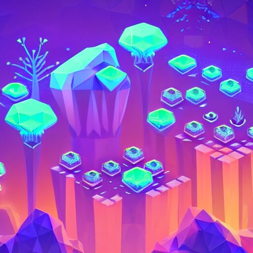 mobile game asset, isometric staircase, crystals, organic low poly design, bioluminescent alien - like plants inspired by the pandora aesthetic avatar's alien nature. we can see alien plants glowing in the dark arround the isometric itens in dark place cyan, orange smooth glow night photoshop filter low poly behance hd 