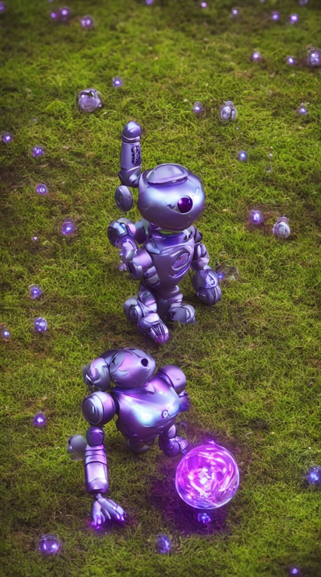 small toy robot in a garden, hyper detailed, sharp focus, bokeh, unreal engine, ray tracing, cute, fantasy, sci fi, purple lights, tiny, small 