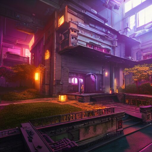 A photograph of a cyberpunk mansion set in a cyberpunk utopia. Highly detailed, 8k wallpaper, HDR, concept art, unreal engine 5, 4k, 8k, ray tracing, bloom, lens flare