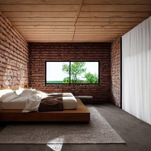 hyper realistic one point perspective of bedroom, wood, concrete, brick, glass 