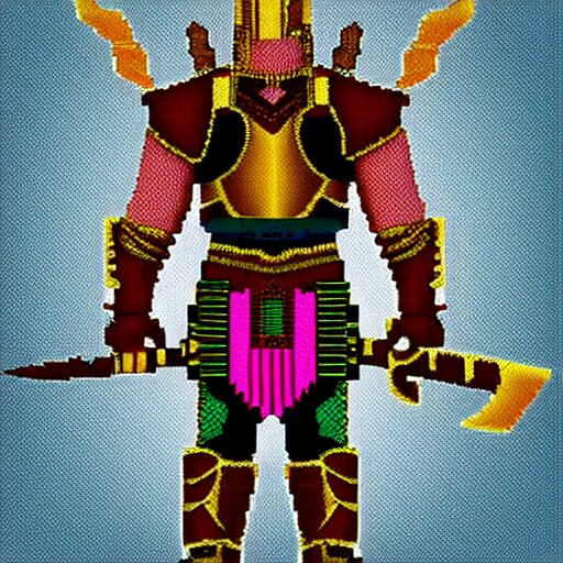 warrior wearing heavy plate armor and holding a giant sword, pixel art, vibrant colors, 