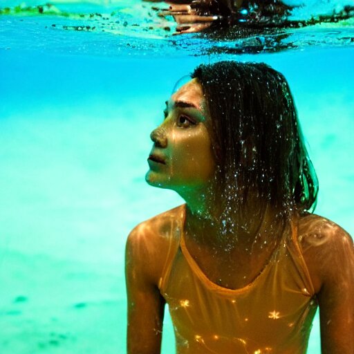 girl with bioluminescent skin swimming underwater