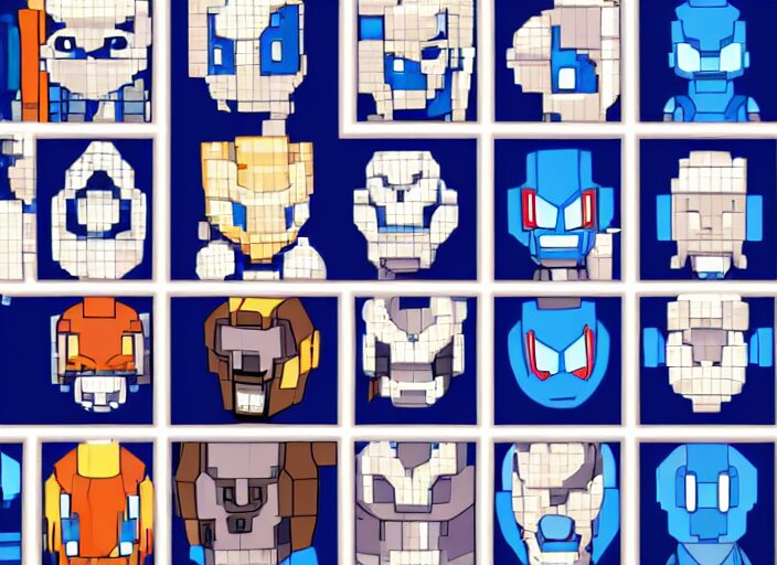 a 3 - by - 3 grid of 9 framed closeup face portraits of cute evil robots, in the style of mega man. 