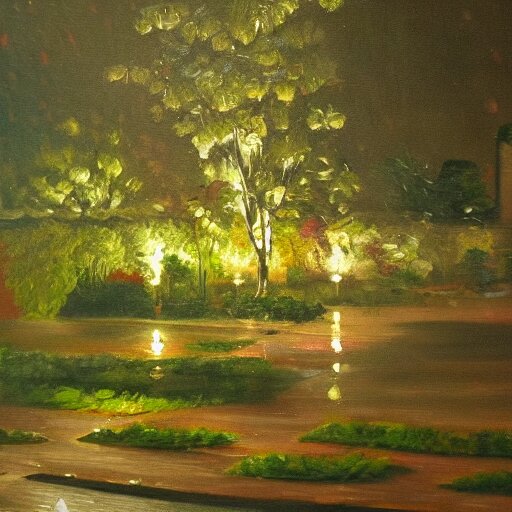 a painting of rain in a garden at night 