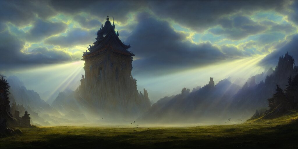 a beautiful fantasy landscape, medieval tower, majestic, god rays, silhouette of a flock of birds in the sky, extremely detailed digital painting, in the style of fenghua zhong and ruan jia and jeremy lipking and peter mohrbacher, mystical colors, rim light, beautiful lighting, 8 k, stunning scene, raytracing, octane, trending on artstation 