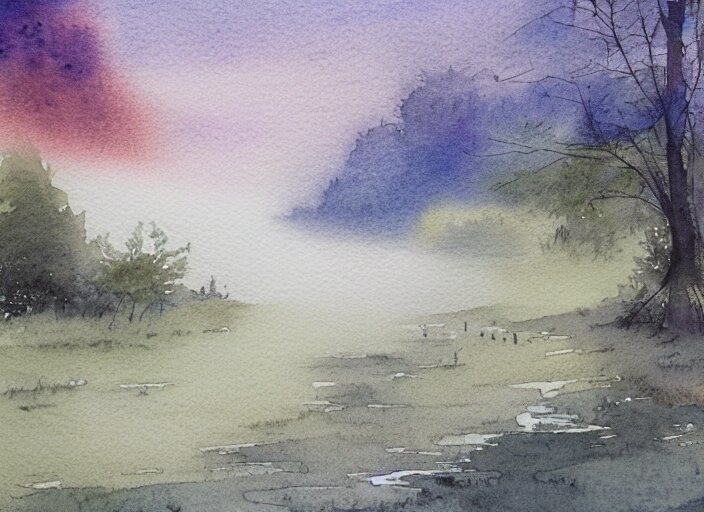 A detailed watercolor painting of misty morning landscape, detailed, ballpoint pen ink combined with watercolor