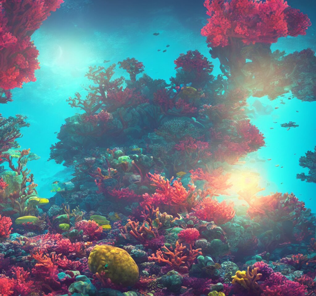 underwater neon coral reef landscape magical realism painting with sun rays coming from above, neon pastel colors, octane render, maya, cinema 4d